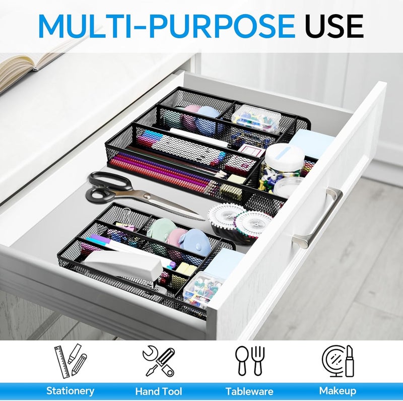 Kciplab Desk Drawer Organizer, Office Drawer Divider Organizer Tray with 6 Compartments, Metal Mesh Desktop Organization and Accessories for Stationery Makeup Kitchen Toolroom School ＆Office, 12.6x8.27x1.6 in - Image 2